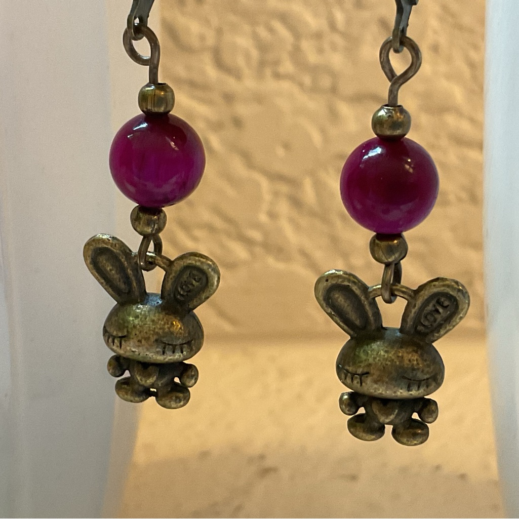 Genuine Magenta Tiger’s Eye Love Bunny Earrings